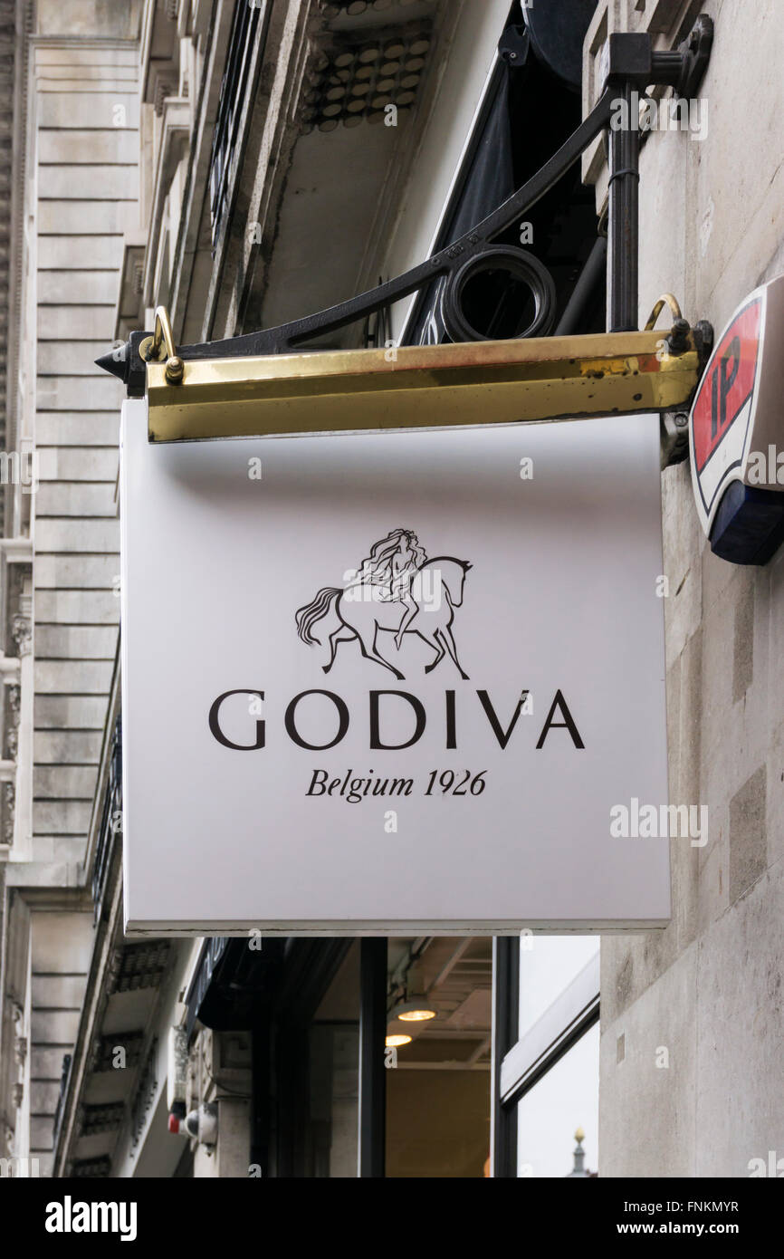Segno sulla Godiva Chocolatier shop in Regent Street, Londra. Foto Stock