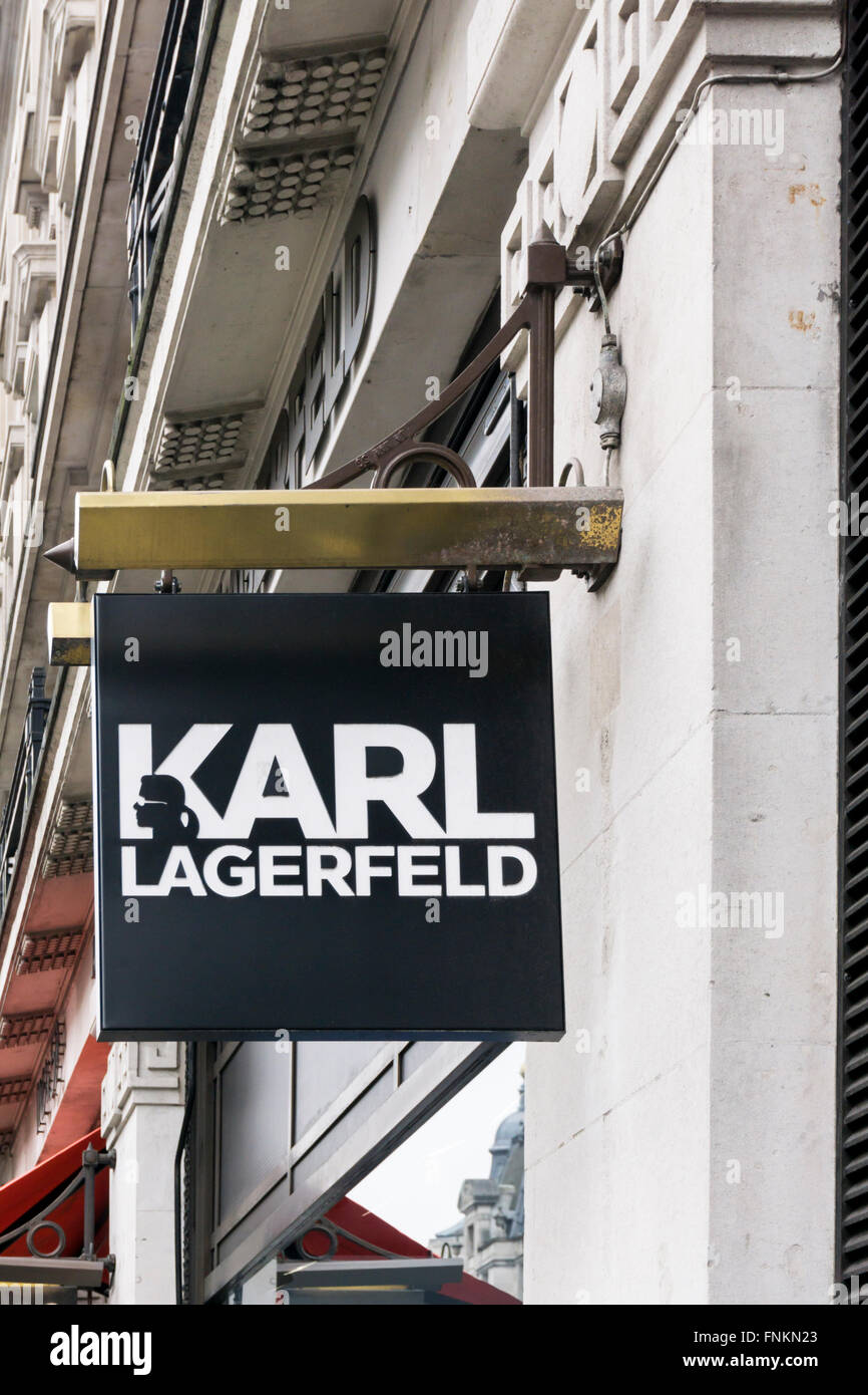 Segno sulla Karl Lagerfeld store in Regent Street, Londra. Foto Stock