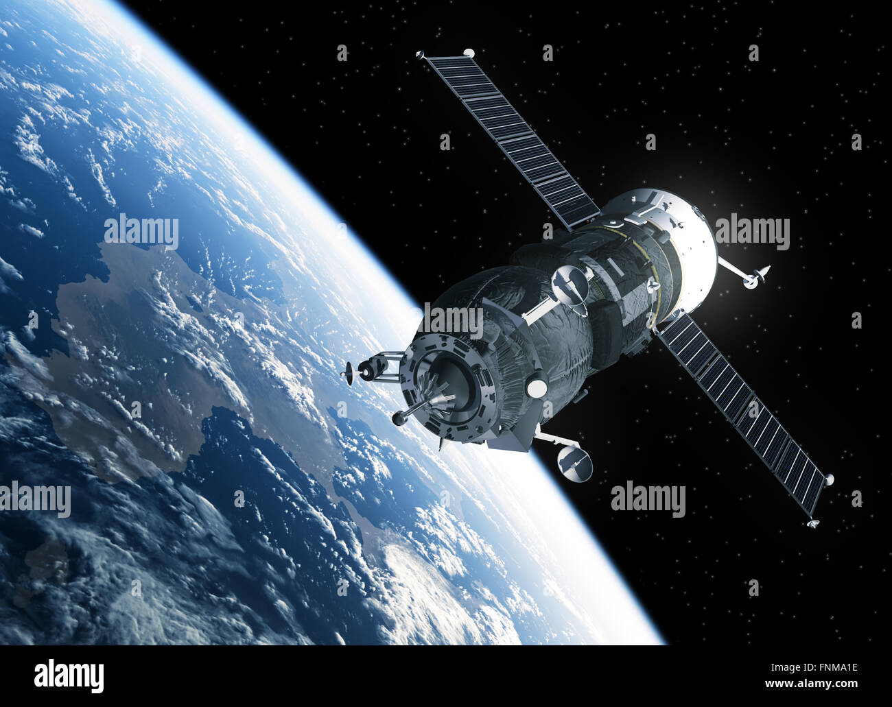 Cargo veicolo spaziale in orbita intorno alla terra. Realistiche scene 3D. Foto Stock