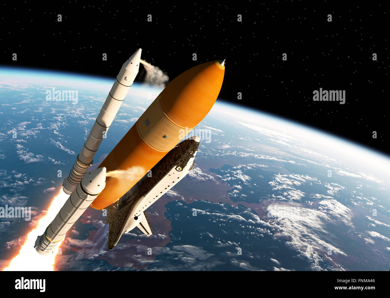 Space Shuttle a razzo a propellente solido Separazione dei booster. Scena 3d. Foto Stock