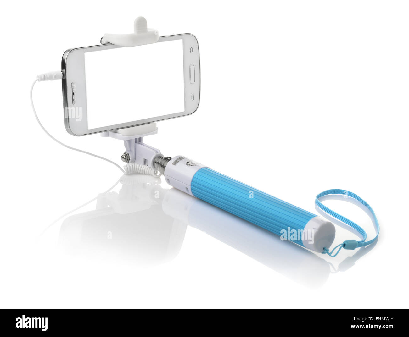 Selfie stick con lo smartphone isolato su bianco Foto Stock