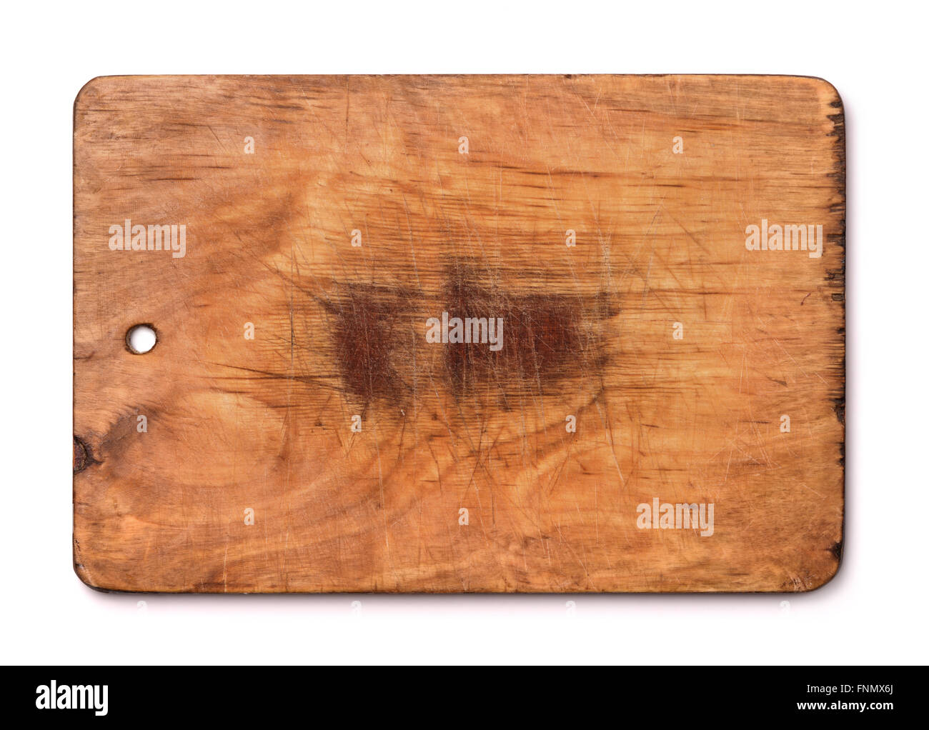 Il legno vecchio tagliere isolato su bianco Foto Stock