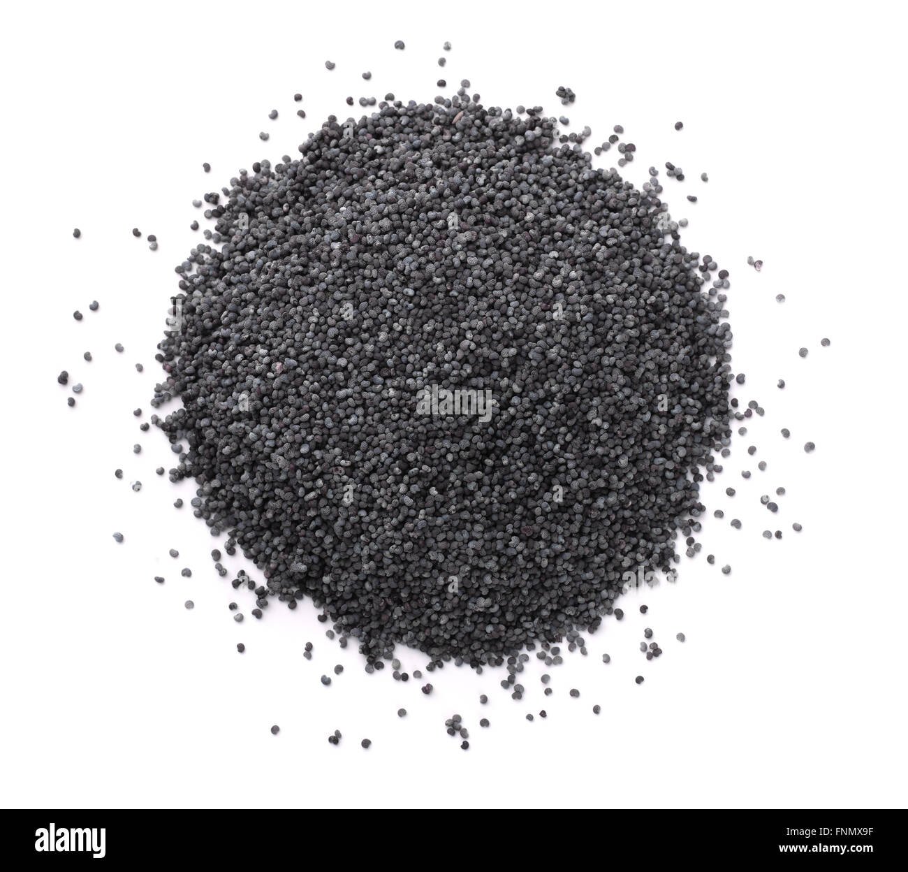 Vista dall'alto di semi di papavero isolato su bianco Foto Stock