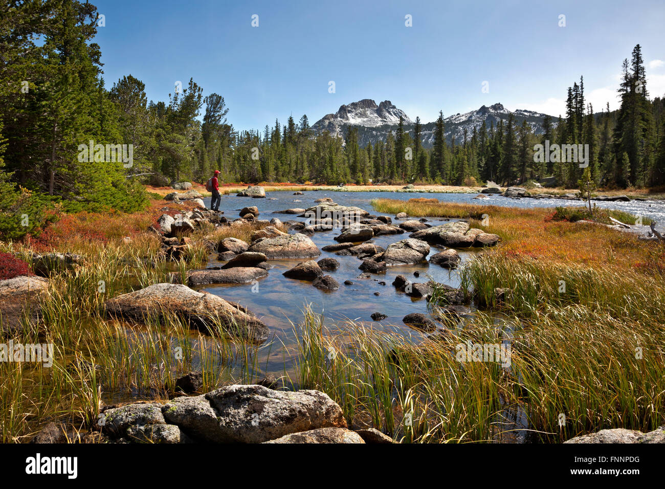 WY01307-00...WYOMING - escursionista in centro lago nella popo Agie Wilderness area del Wind River Range. Foto Stock