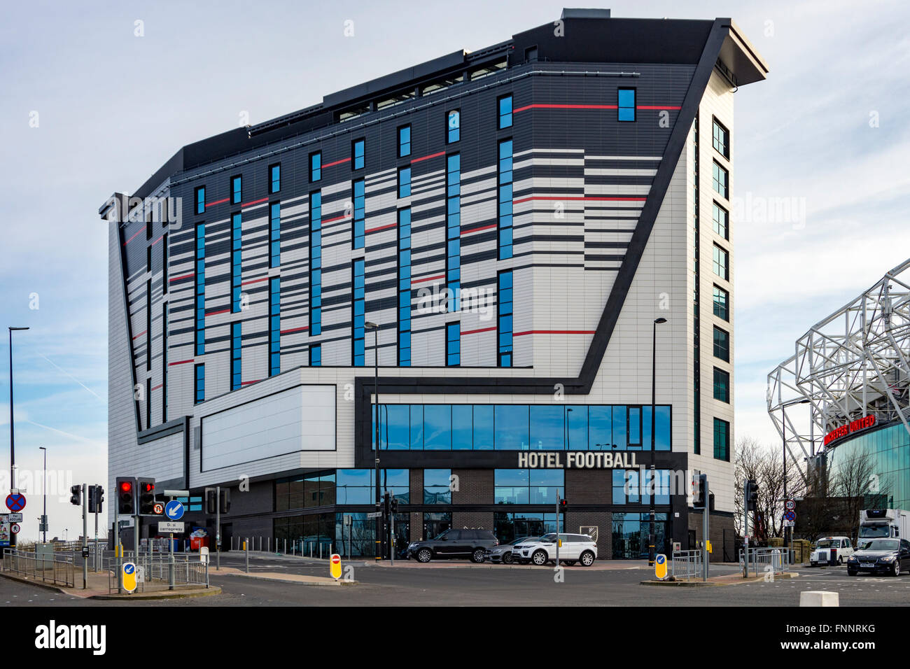 Hotel Calcio, Sir Matt Busby Way, Old Trafford, Manchester, Inghilterra, Regno Unito Foto Stock