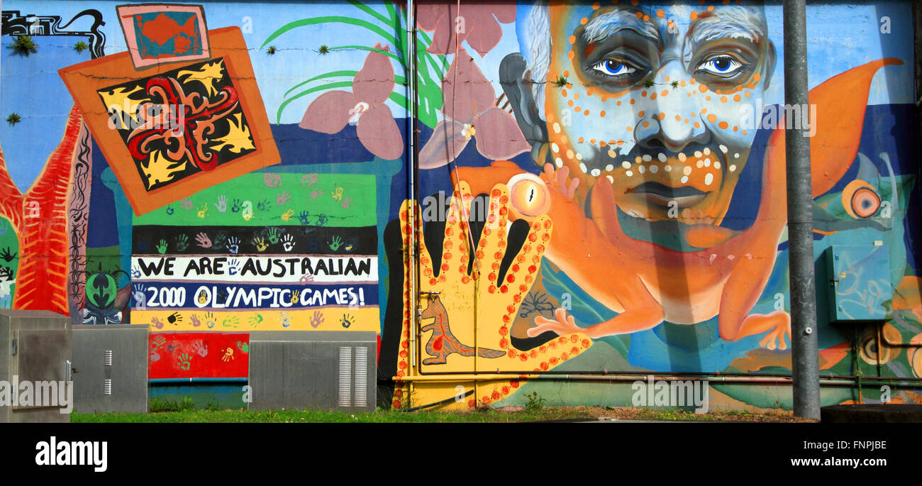 Wall Art e arte aborigena a Brisbane South Bank per celebrare i Giochi olimpici del 2000 detenuti in Australia Foto Stock