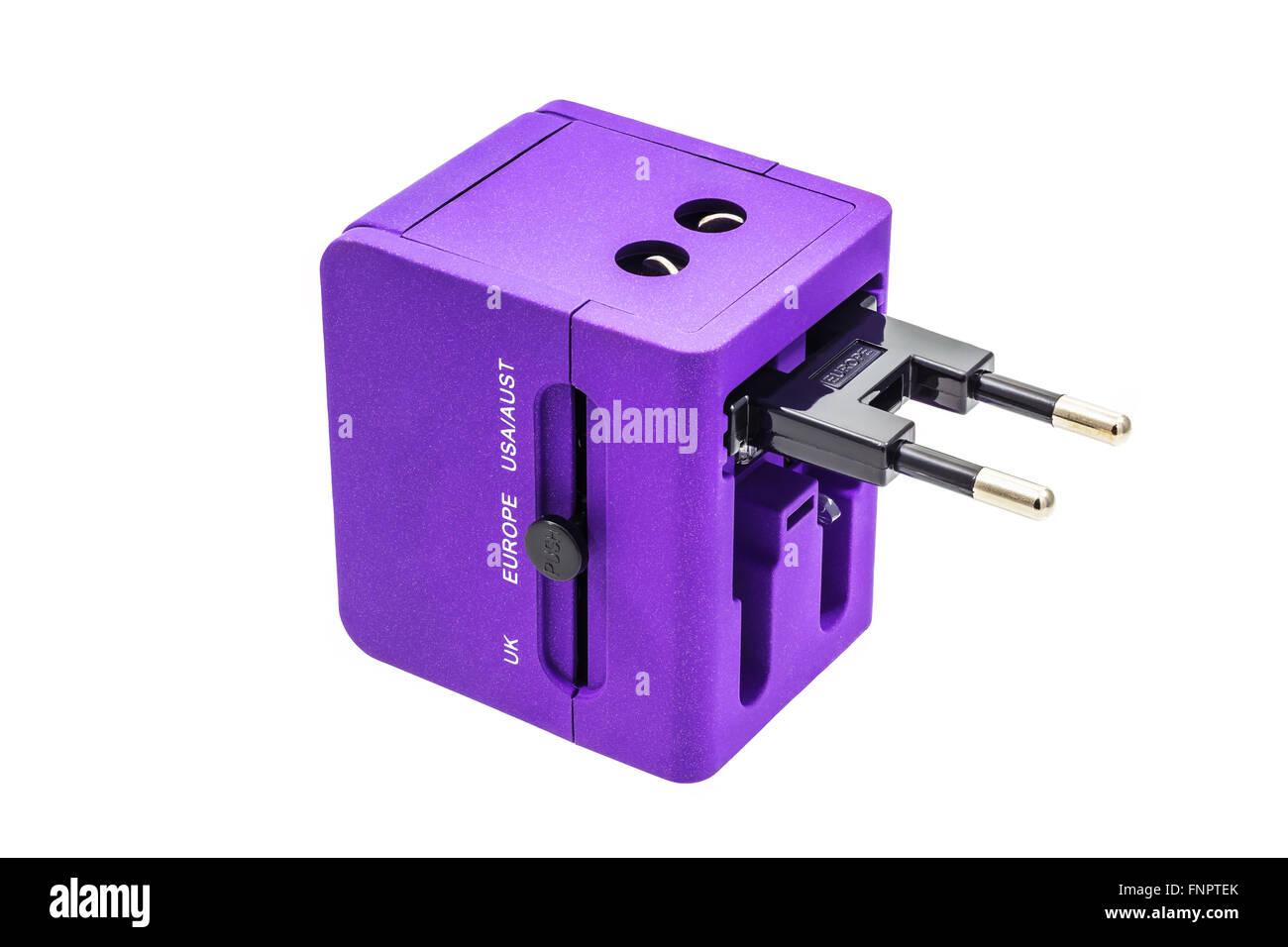 Viola adepter viaggio per l'Europa sulla zona di isolare lo sfondo bianco Foto Stock