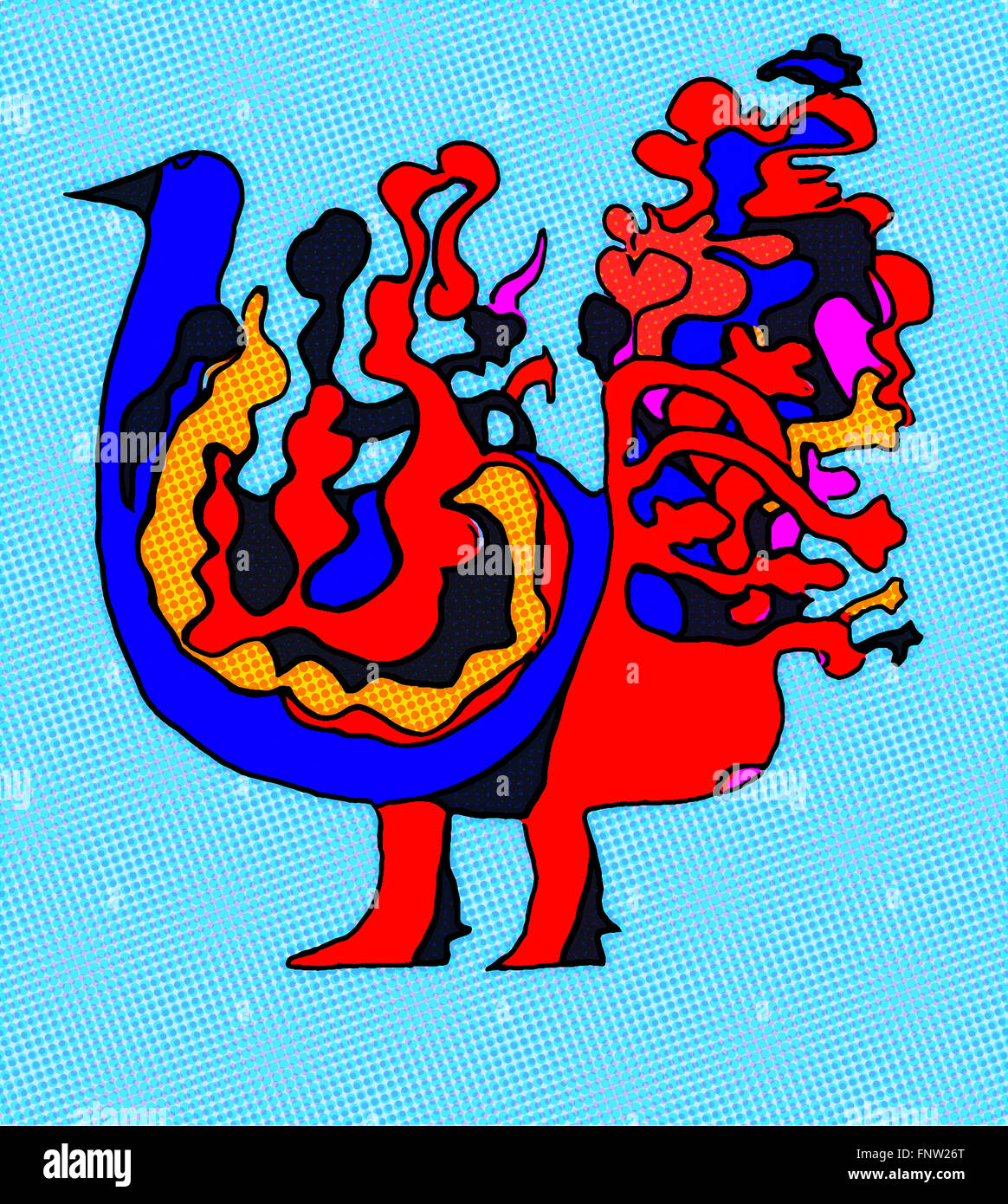 Immagine astratta di fantasia bird in colorate pop art design illustrazione su fondo azzurro con texture e punti. Foto Stock