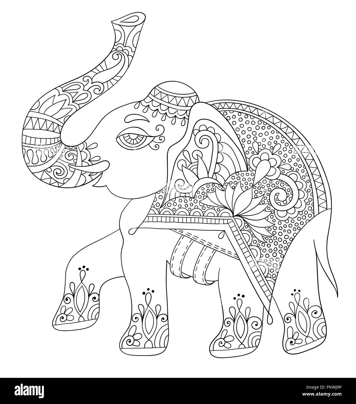 Etnica elefante indiano linea disegno originale, adulti colorazione bo Illustrazione Vettoriale