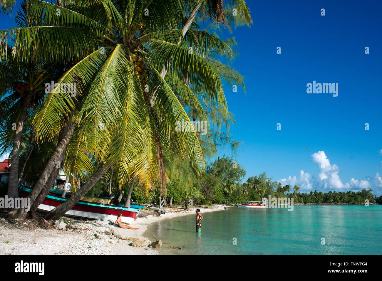 Un giovane si rilassa in spiaggia di Rangiroa, isole Tuamotu, Polinesia francese, South Pacific. Foto Stock