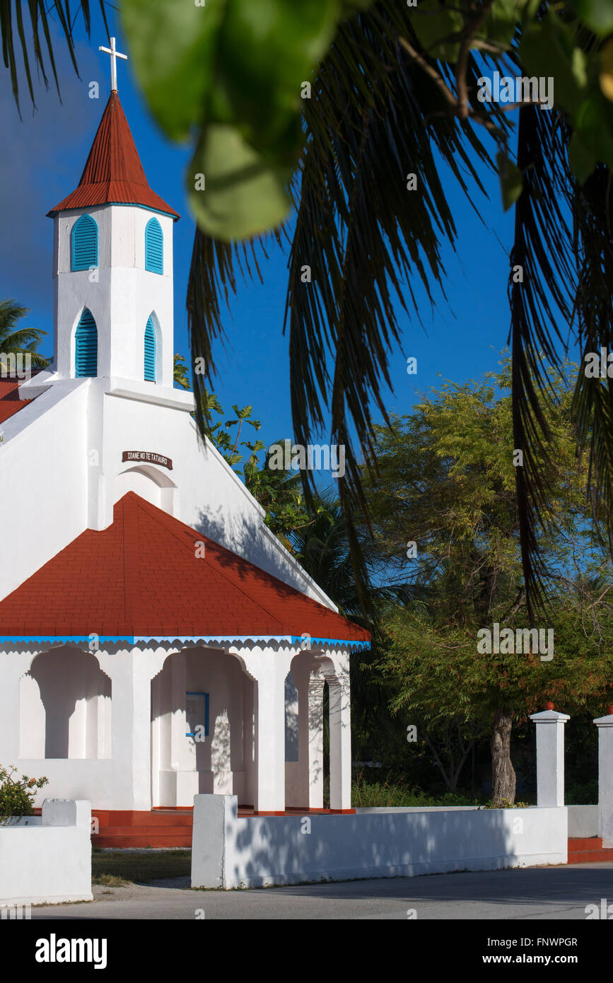 Chiesa Rotoava in Fakarava, Arcipelago Tuamotus Polinesia francese Isole Tuamotu, South Pacific. Foto Stock