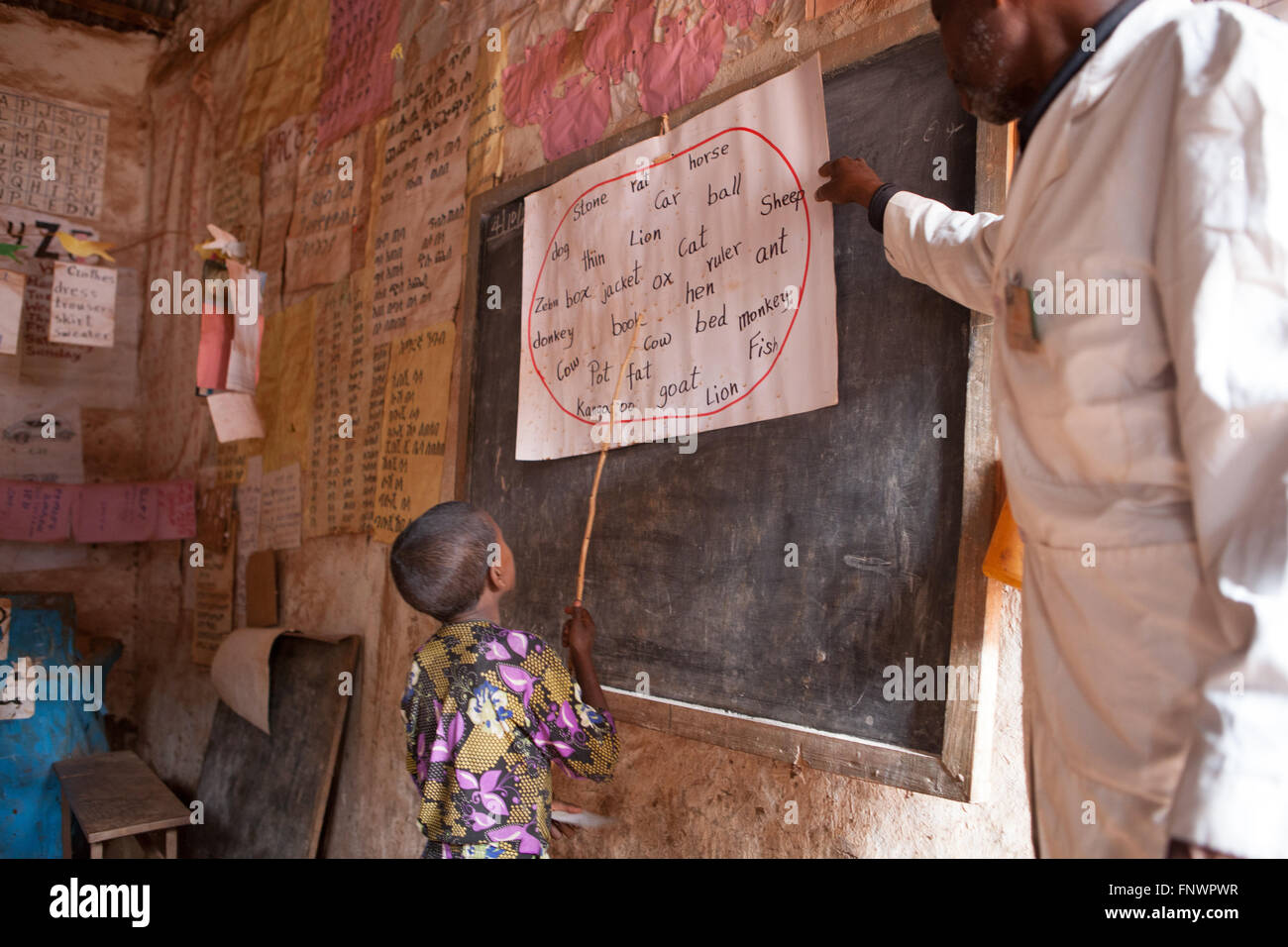 Un alunno legge ad alta voce dalla lavagna in una scuola in Finote Selam, Etiopia, Africa Foto Stock
