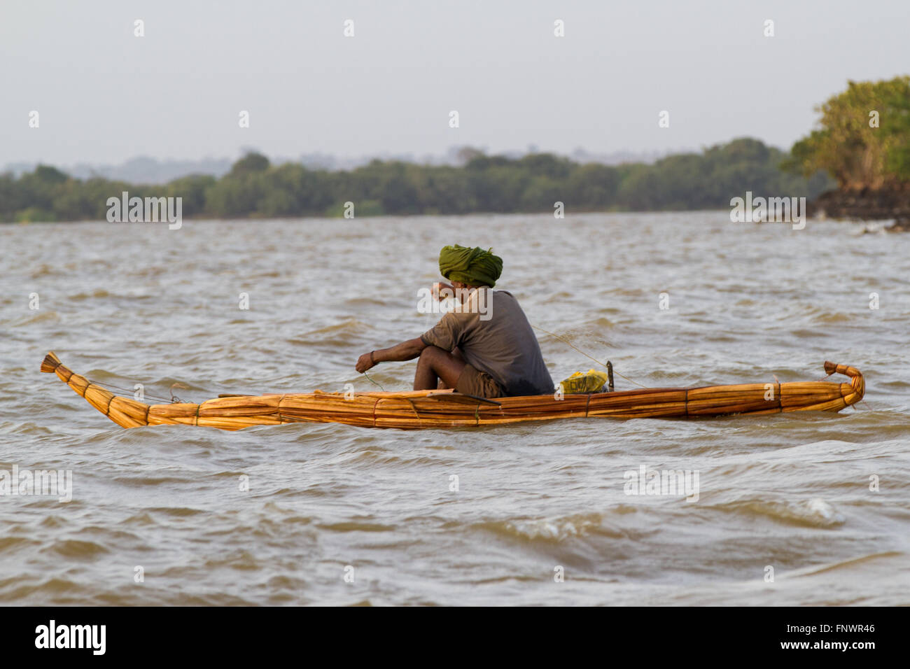 Un pescatore pagaie sua canoa sul Lago Tana in Bahir Dah in Etiopia. Il lago Tana è la sorgente del Nilo Azzurro. Foto Stock