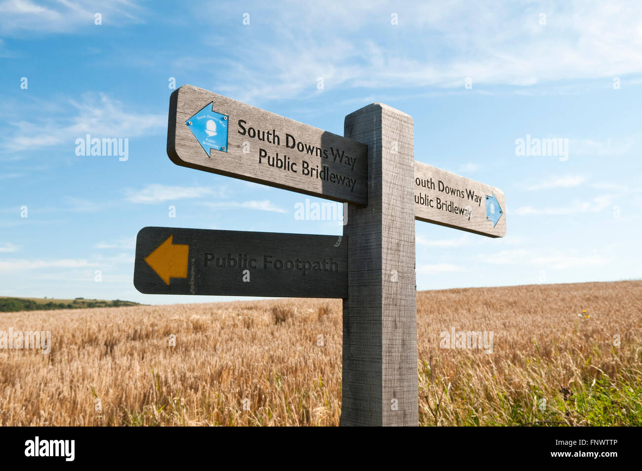 Direzione di legno segno sull'alternativa bridleway settentrionale sezione del South Downs strada tra Eastbourne e Jevington Foto Stock