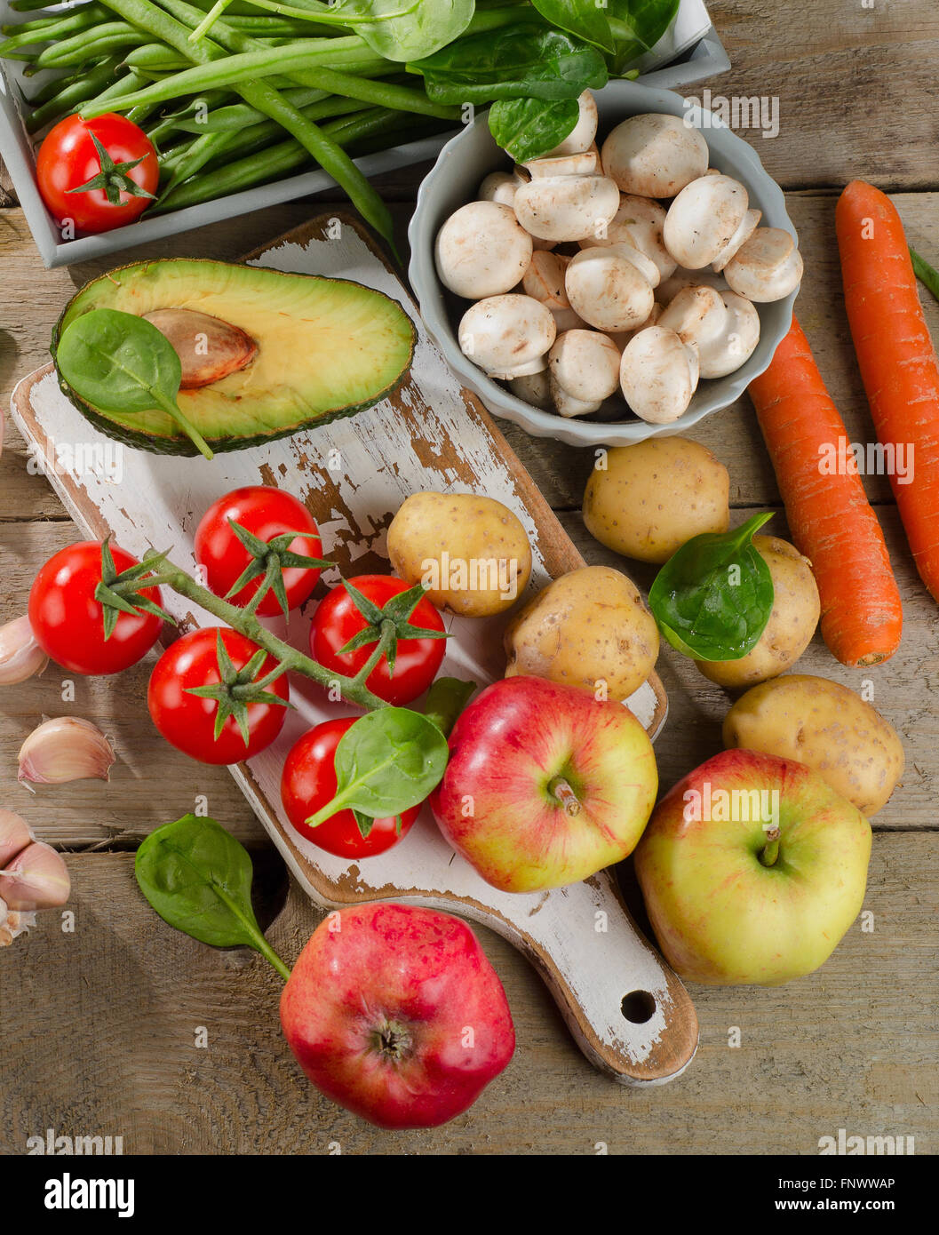 Una sana frutta e verdura. Vista superiore Foto Stock