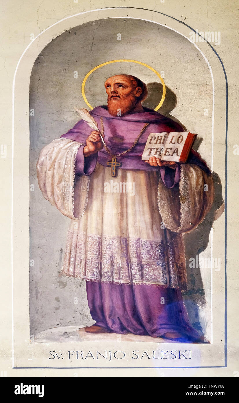 San Francesco di Sales, affresco nella Basilica del Sacro Cuore di Gesù a Zagabria in Croazia Foto Stock