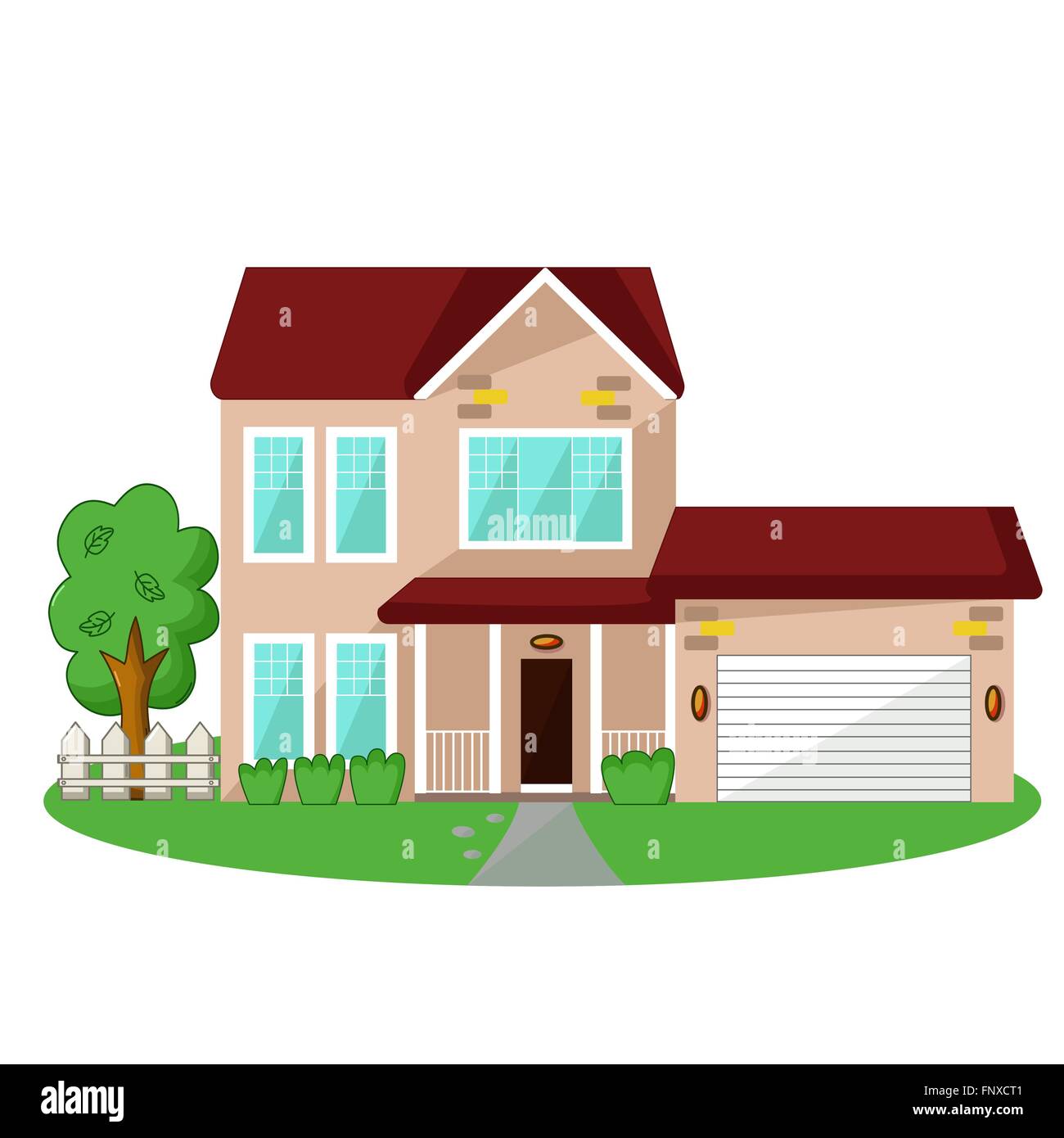 Icona di isolato di casa con garage e giardino su sfondo bianco Illustrazione Vettoriale