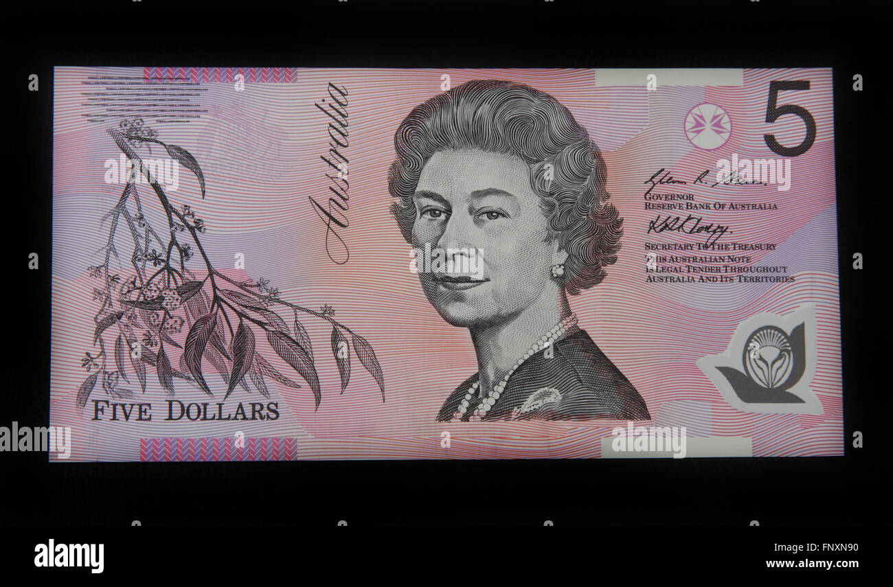 La parte anteriore di un australiano di cinque dollari nota banca Foto Stock