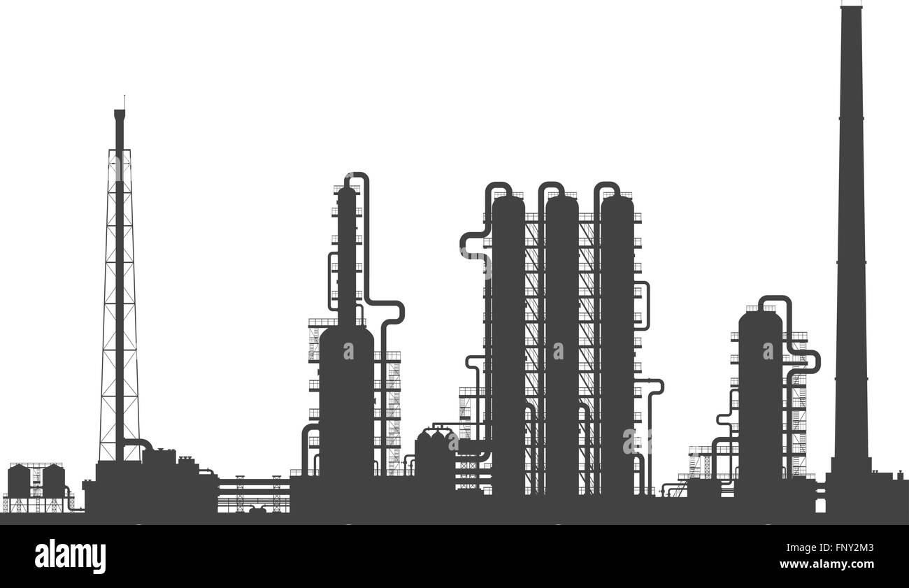 Raffineria di petrolio o impianto chimico silhouette. Illustrazione Vettoriale