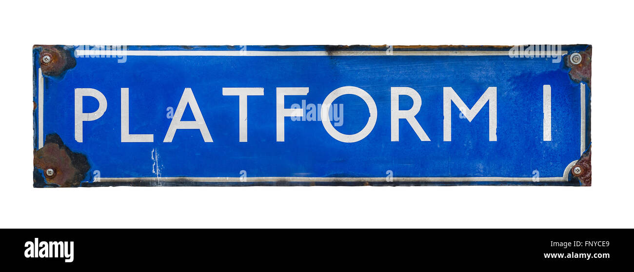 Blue Vintage Stazione ferroviaria segno Foto Stock