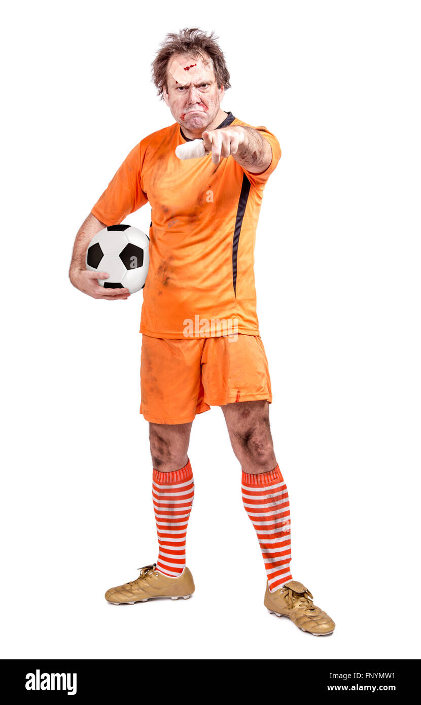 Arrabbiato giocatore di football puntando il dito in avanti Foto Stock