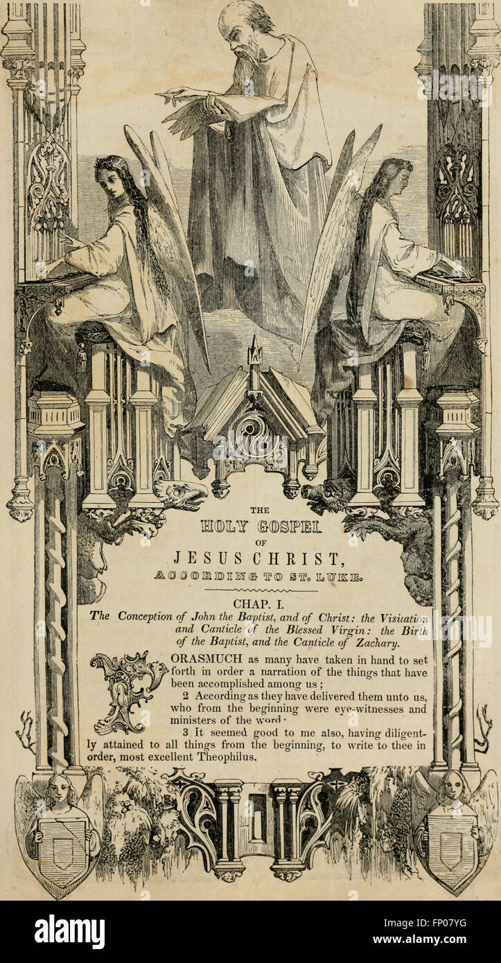 Questa edizione del 1850 del nuovo Testamento è tradotta dalla Vulgata latina e confrontata con i testi greci originali, offrendo un approccio accademico alla comprensione delle Scritture bibliche. Foto Stock