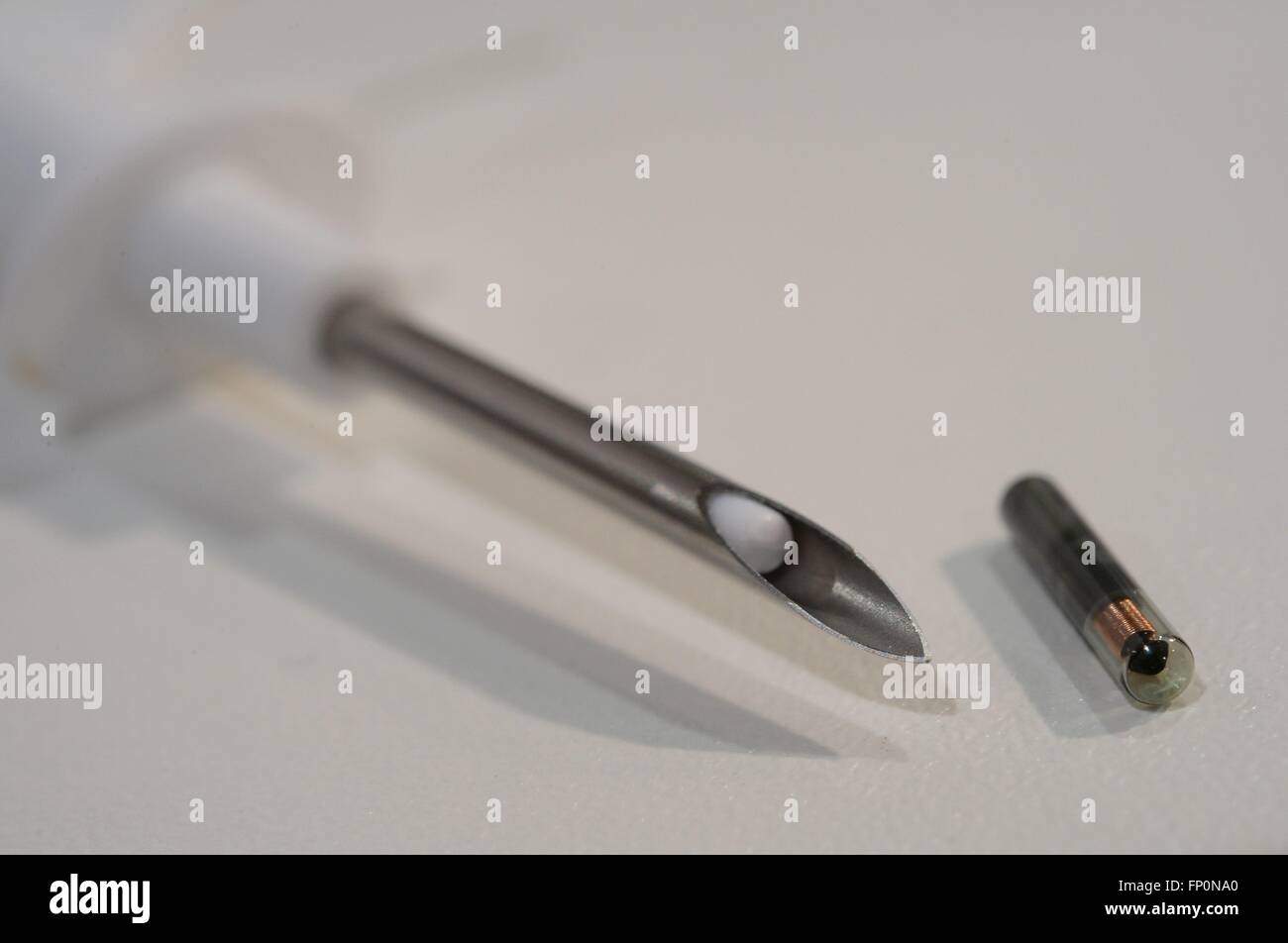 Microchip con un colpo ad un piedistallo del computer Fiera Cebit, la Germania, la città di Hannover, 16. Marzo 2016. Foto: Frank può Foto Stock