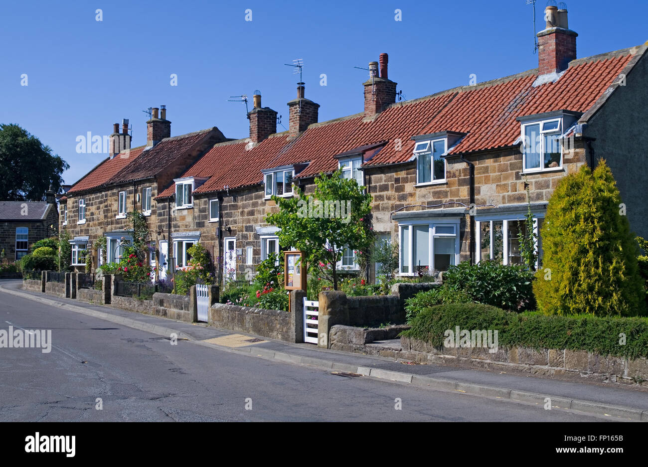 Fila di vecchio attraente terrazzamenti in pietra costruite case con il red pantiled tetti in grande Ayton village, North Yorkshire, Inghilterra, Regno Unito Foto Stock