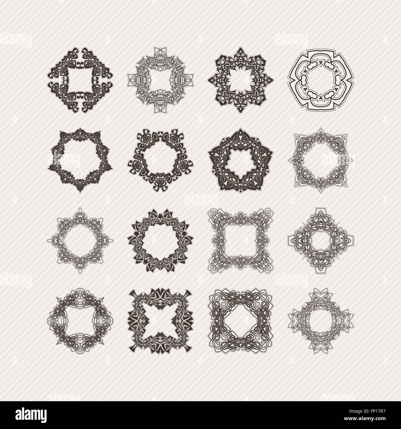 Set di mandala ornati di confine e telai. Pizzo gotico tatuaggi. Celtic tessere con angoli acuti. Foto Stock
