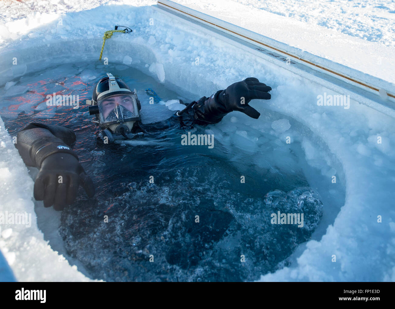 Un U.S. Navy subacqueo durante un ice dive al multi-National Ice Camp Sargo durante l'ICEX 2016 esercizio Marzo 10, 2016 nel circolo polare artico. L'ICEX 2016 è una di cinque settimane di esercizio progettata per la ricerca, testare e valutare le capacità operative nella regione Foto Stock