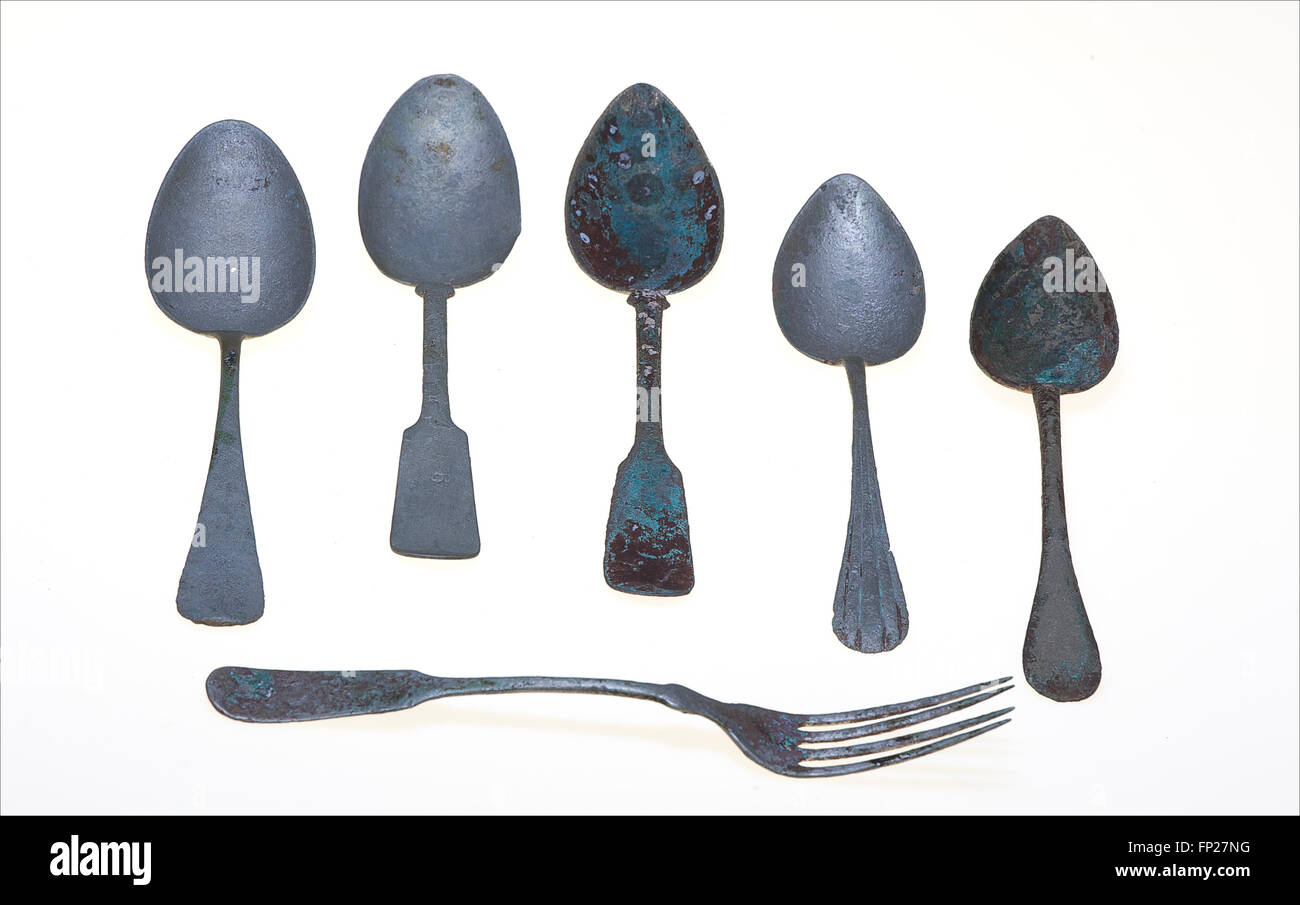 Set di antiquariato di cucchiai e forcella Foto Stock