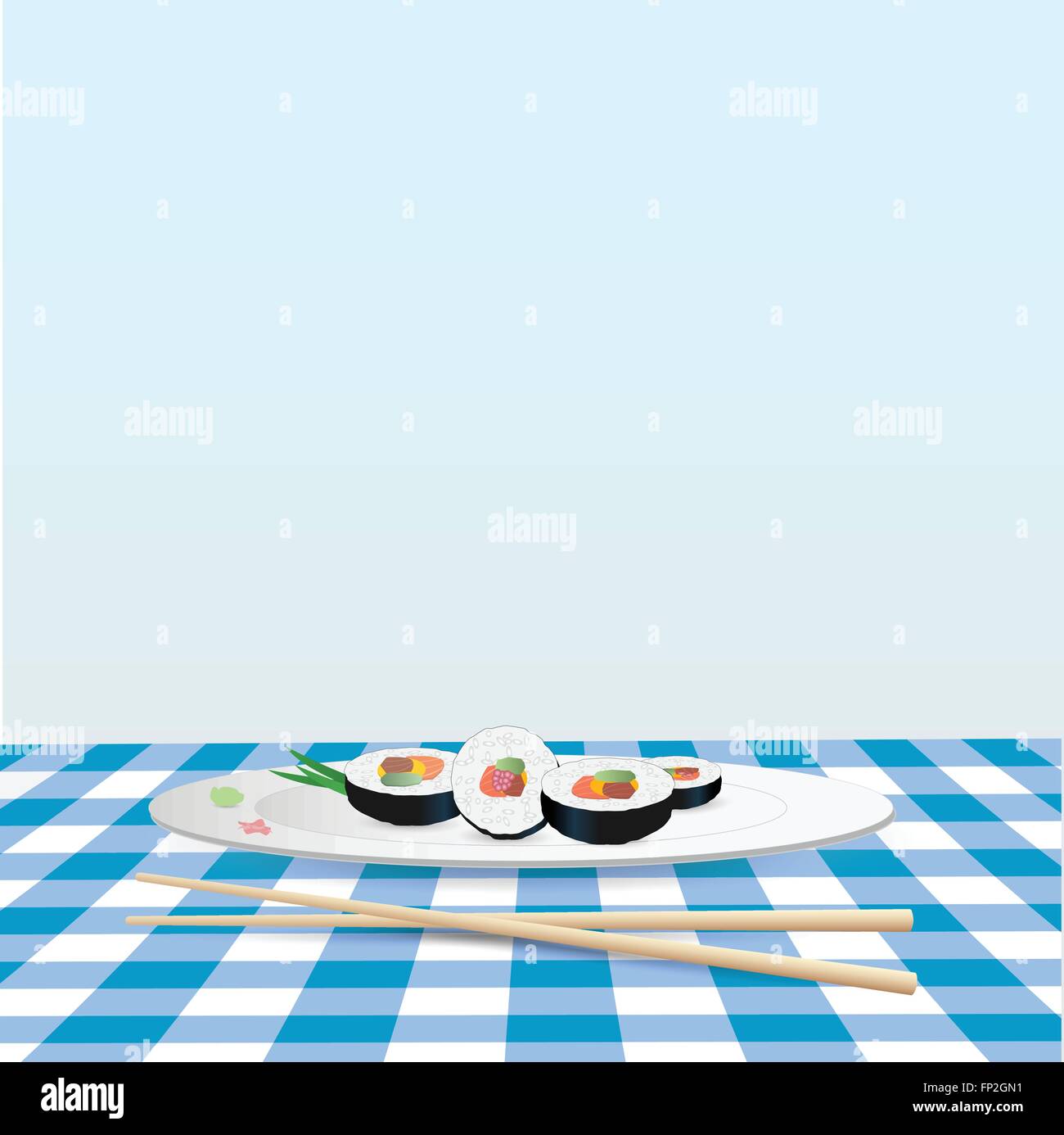 Illustrazione di un piatto di sushi in un colorato tovaglia blu. Illustrazione Vettoriale