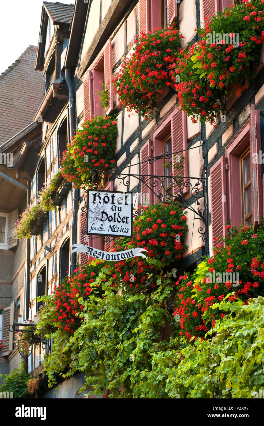 Spettacolare floral esterno del rinomato ristorante Hotel au Dolder Riquewihr Alsace Francia Foto Stock