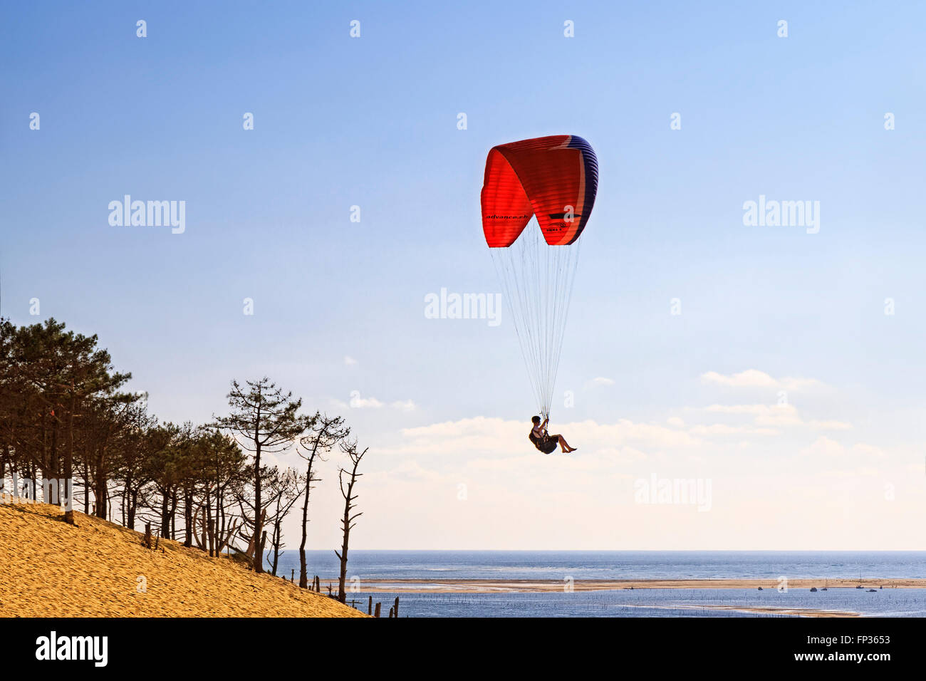 Parapendio, Banc d'Arguin riserva naturale, dune del Pilat, Pyla, Bacino di Arcachon, La Teste de Buch, Gironde, Aquitaine Foto Stock