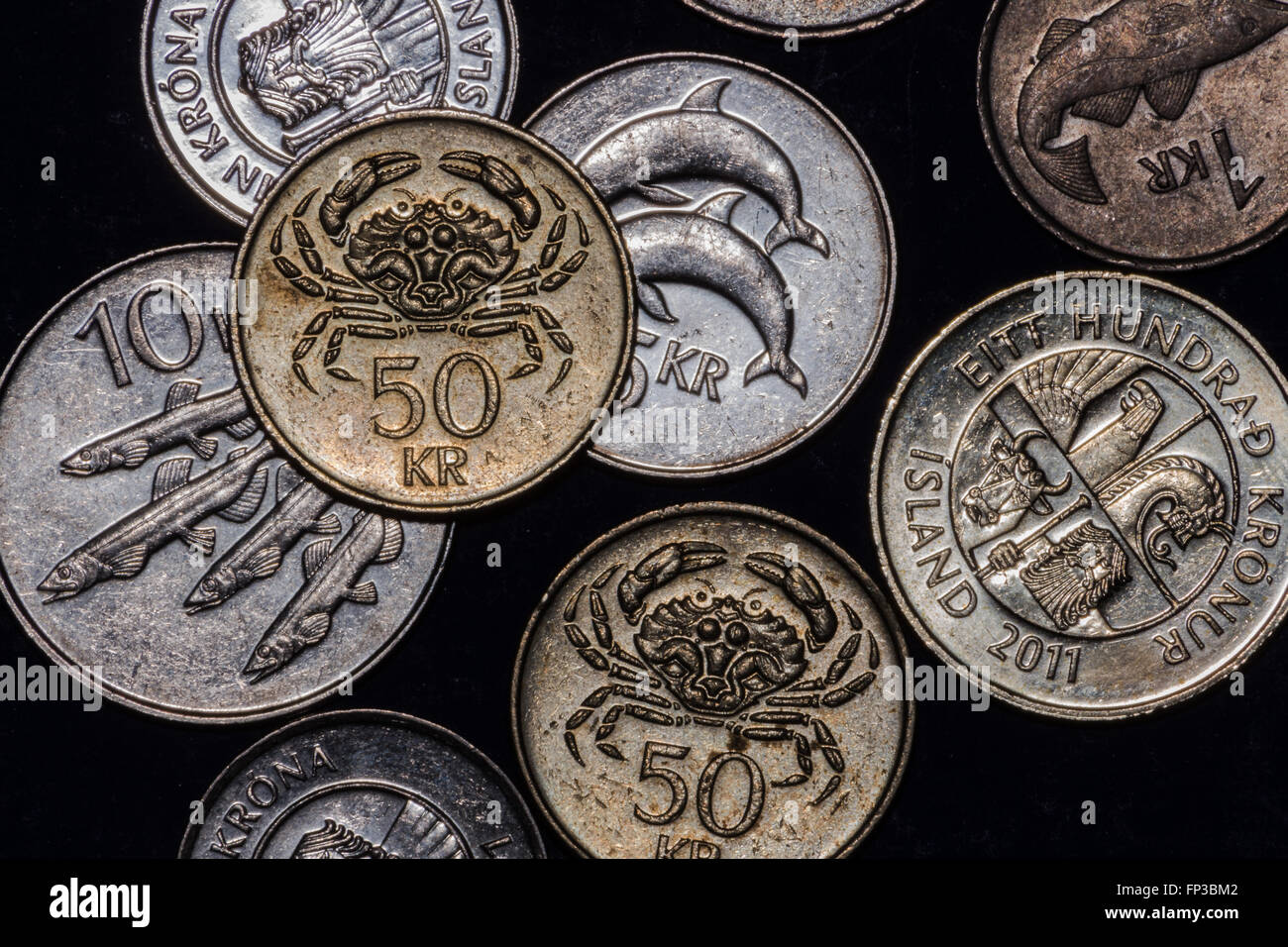 Islandese e monete europee Foto Stock