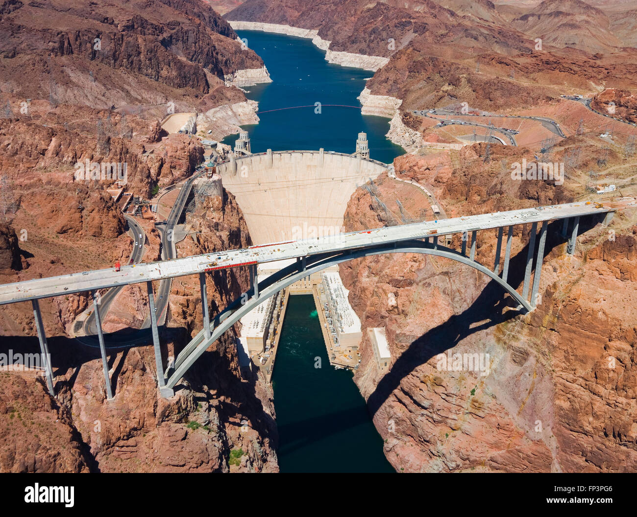 Vista aerea della Diga di Hoover e il Colorado River Bridge Foto Stock