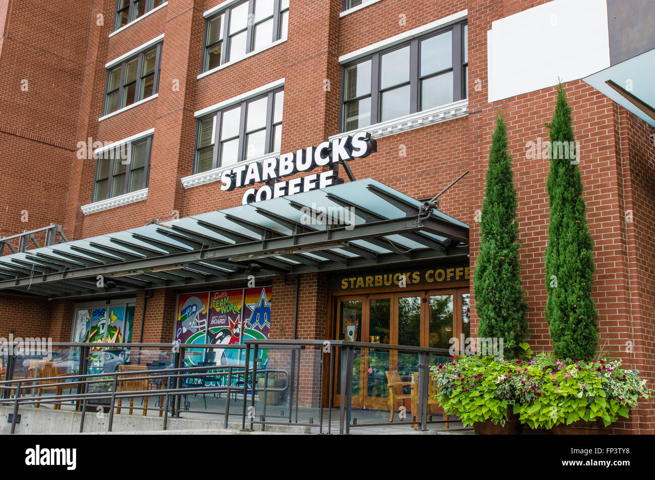 Ingresso di Starbucks Corporation headquarters building a Seattle, Washington, Stati Uniti d'America Foto Stock