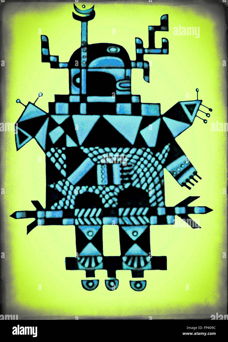 Abstract illustrazione grafica di un robot meccanicamente come oggetto in movimento in blu metallizzato di colore nero e forme geometriche. Foto Stock