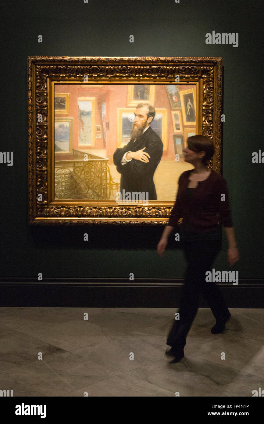 Londra, Regno Unito. Il 16 marzo 2016. La mostra la Russia e le arti, l'età di Tolstoj e Tchaikovsky con ritratti dal membro galleria Tretyakov di Mosca si apre alla National Portrait Gallery e corre fino al 26 giugno 2016. Foto Stock