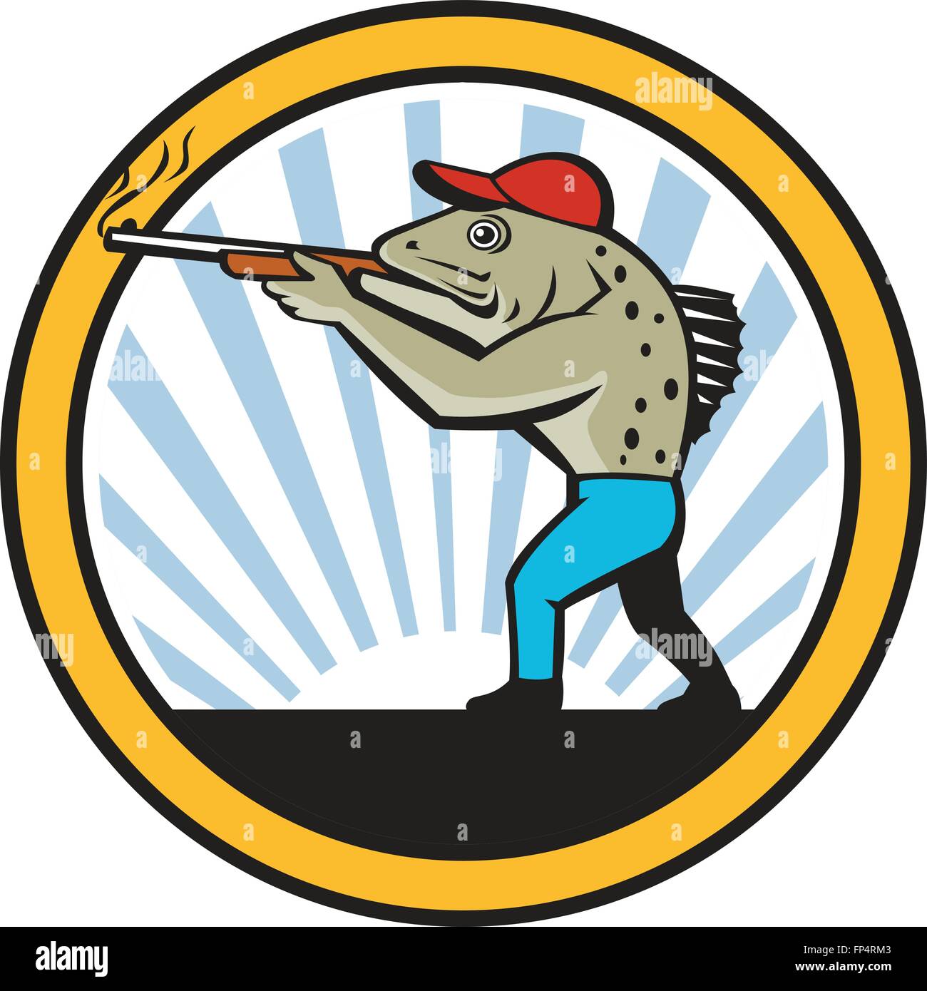 Illustrazione di un macchiato della trota di mare hunter portando la pistola con la carabina visto dal lato impostato all'interno del cerchio con sunburst in background fatto in stile retrò, Illustrazione Vettoriale