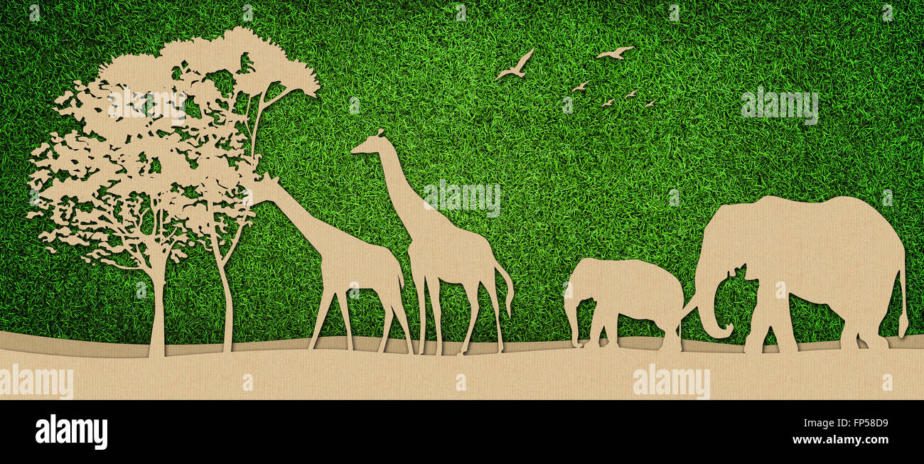 Fauna africana illustrazione di cartone sul prato verde. Foto Stock