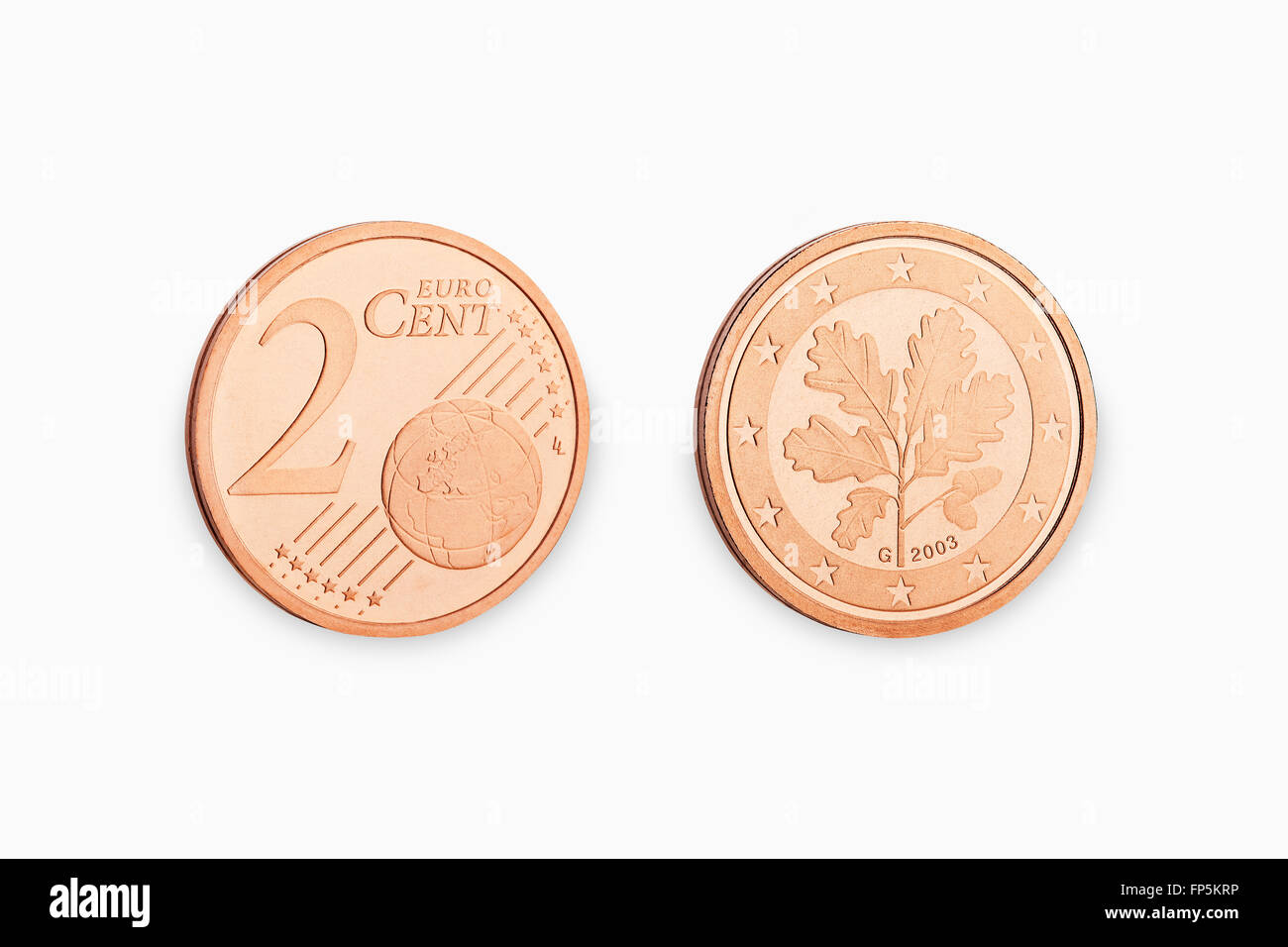 Due monete in euro cent isolati su sfondo bianco Foto Stock