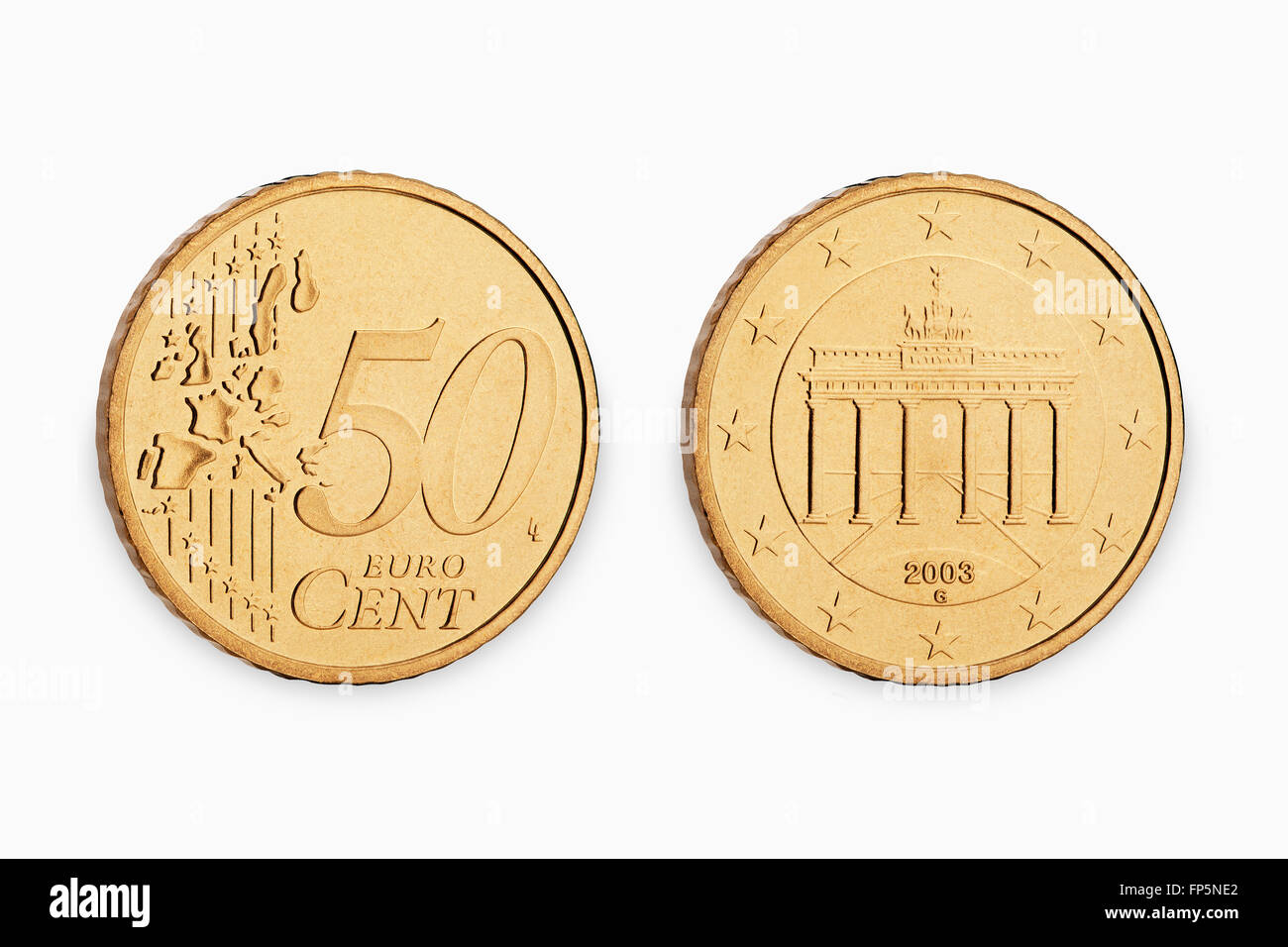 Cinquanta monete euro cent isolati su sfondo bianco Foto Stock