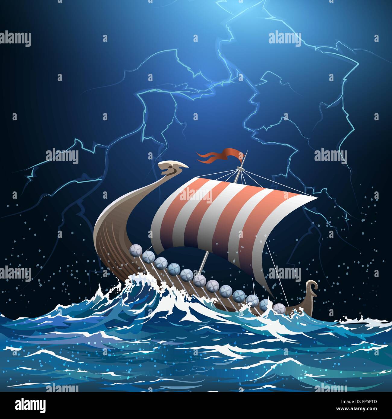 Drakkar o nave vichinga galleggianti in mare tempestoso dalla mezzanotte. Illustrazione Vettoriale