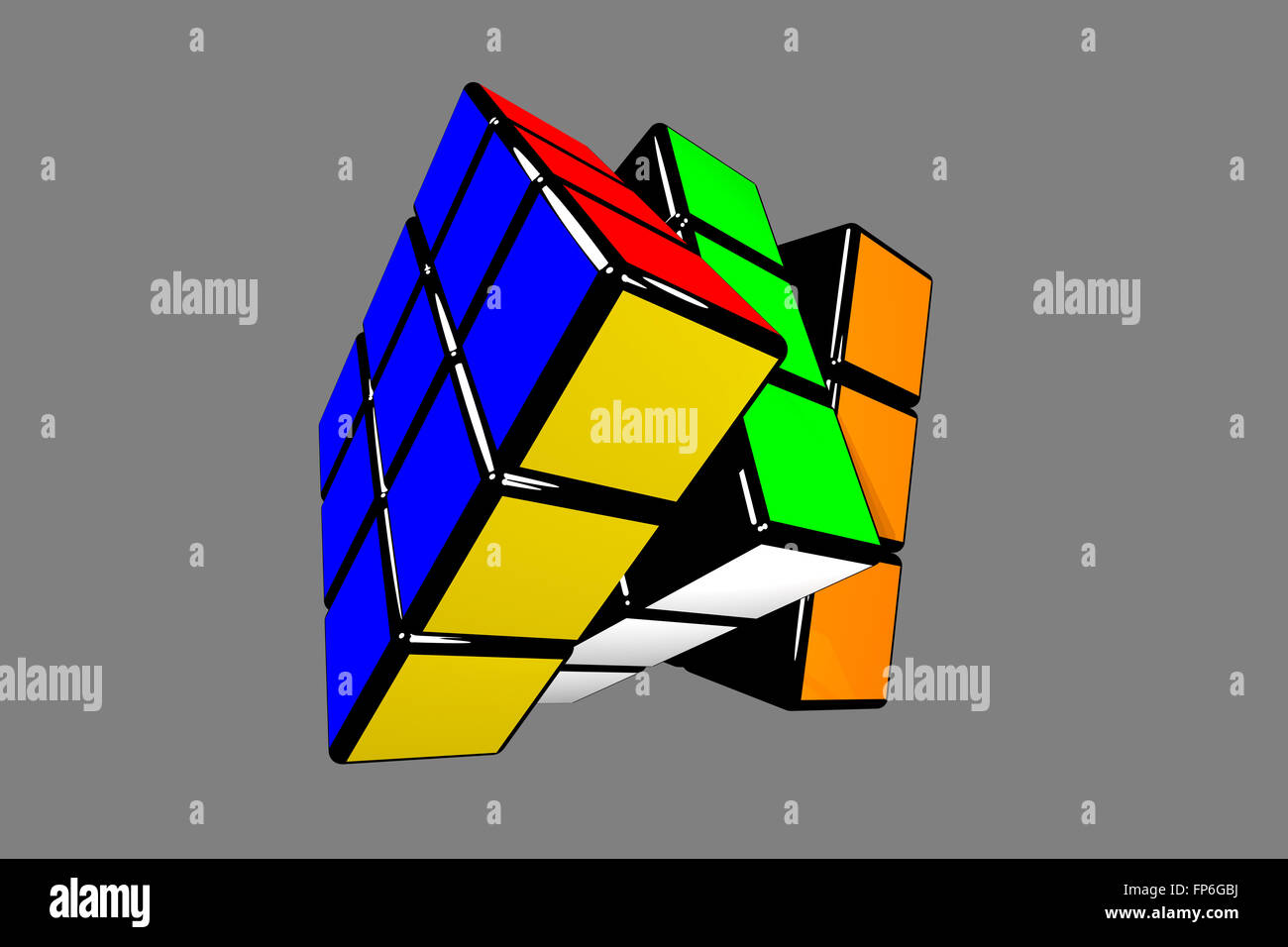 Colorato Cubo magico ad ampio angolo contro il 50% lo sfondo grigio Foto Stock