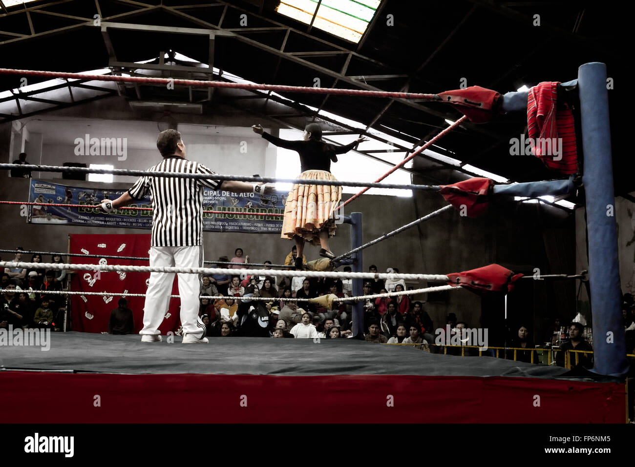 Stella femmina cholita lottatore che arrivano al Cholitas evento di wrestling, El Alto, La Paz, Bolivia. Foto Stock