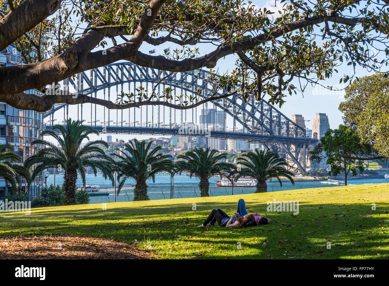 Rilassatevi nel parco e godere di uno dei famosi ponti del mondo, Sydney, Nuovo Galles del Sud, Australia Foto Stock