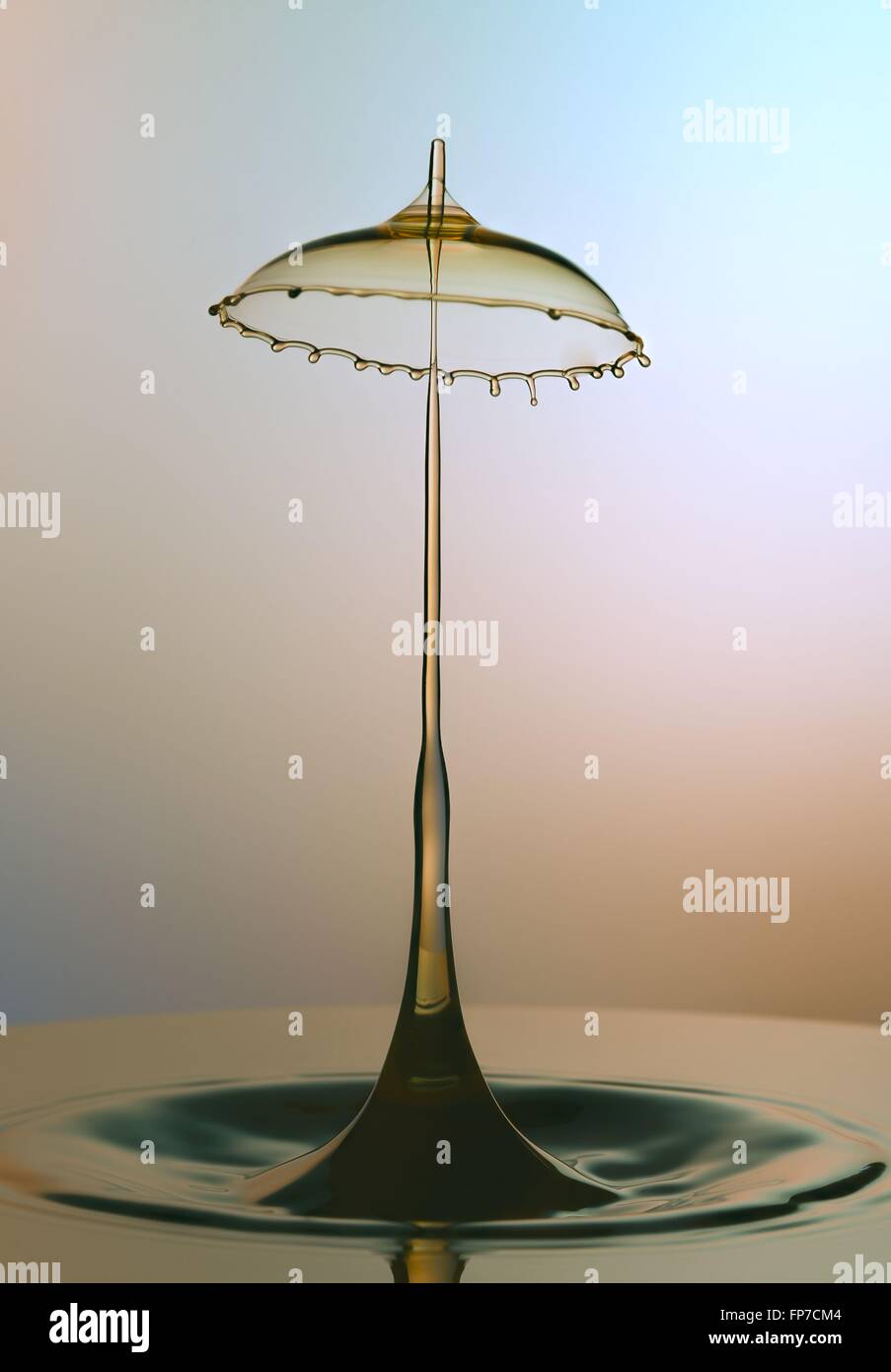Una bella forma ad ombrello alta velocità flash goccia d'acqua/immagine di collisione. Foto Stock