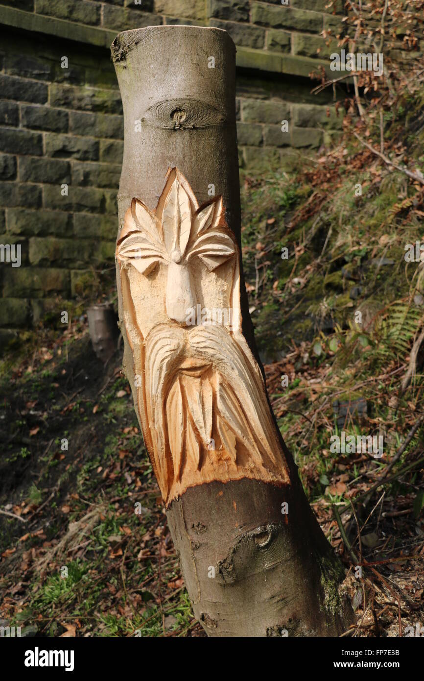 Faccia la scultura in legno sul Trans Pennine Trail, Stottercliffe, Penistone, South Yorkshire. Sega a catena scolpito da un ceppo di albero. Foto Stock