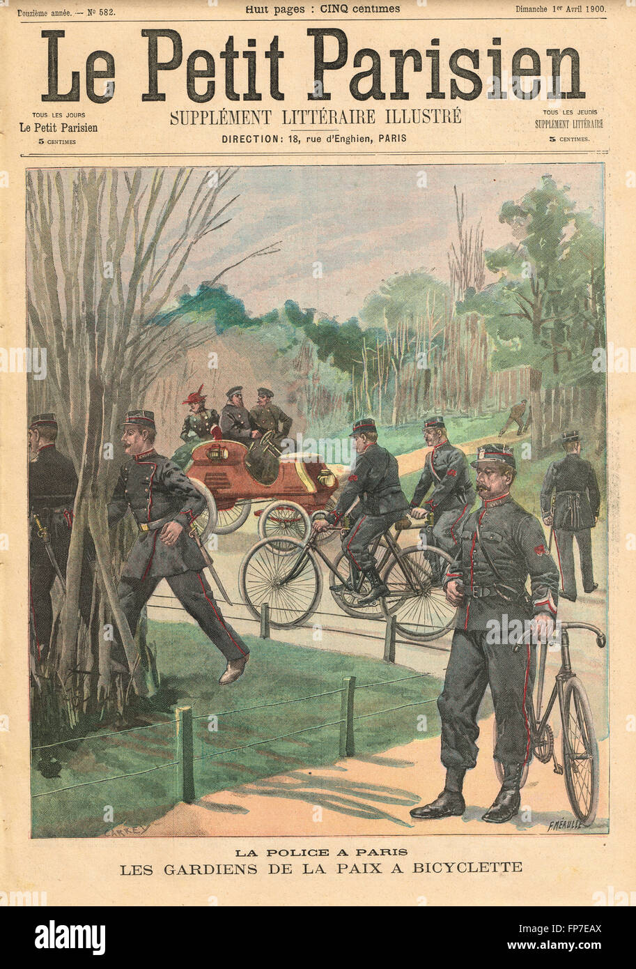 Polizia di Parigi sulle biciclette Francia 1900 squadra di risposta rapida stile inizio 20th secolo. Quotidiano francese illustrato le Petit Parisien illustrazione Foto Stock